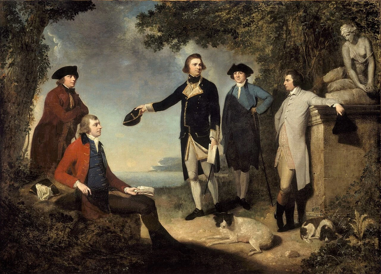 Il capitano James Cook, Sir Joseph Banks, Lord Sandwich, il dottor Daniel Solander e il dottor John Hawkesworth